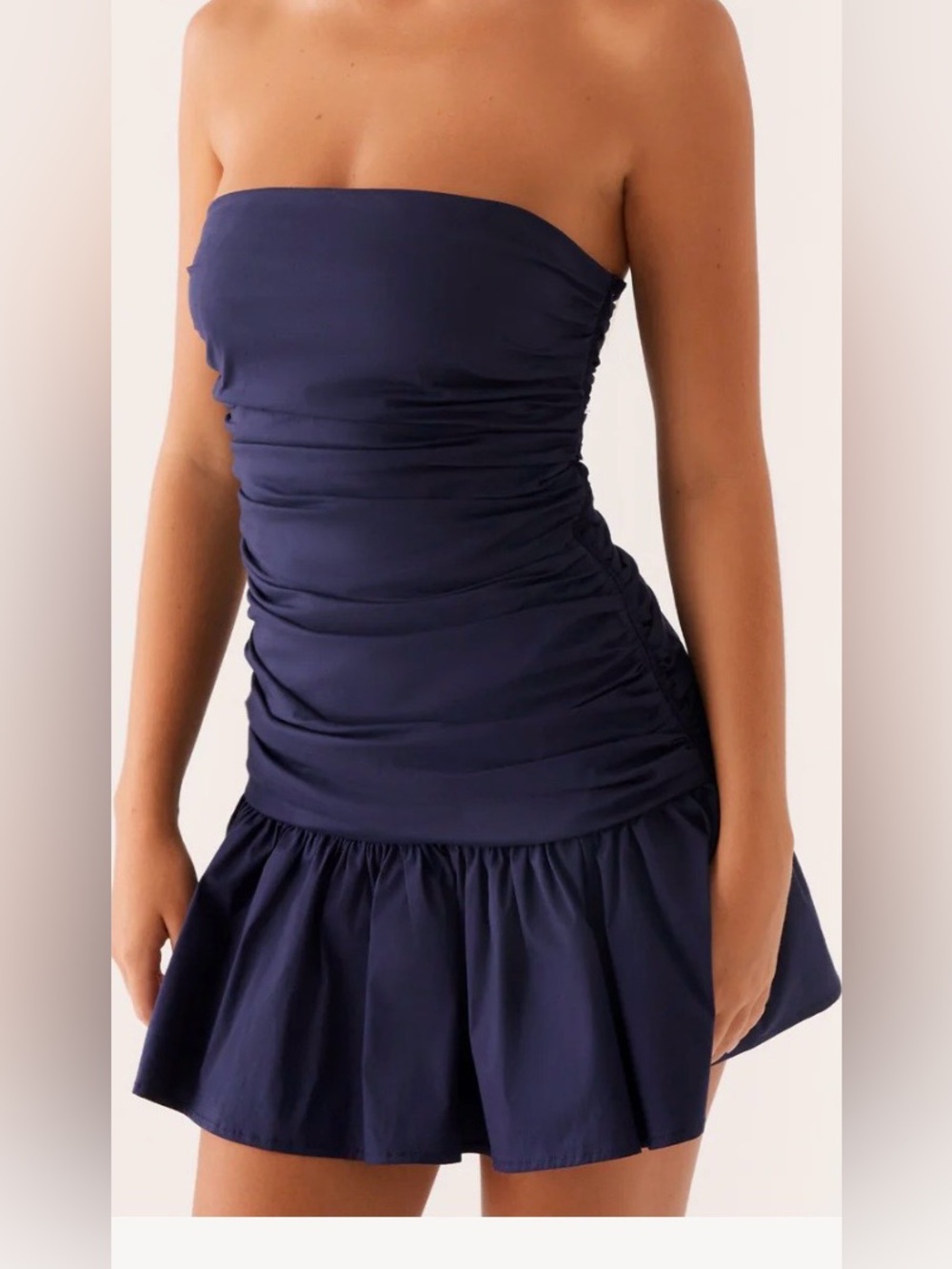 Navy Strapless Ruched Dress- NEW W TAGS